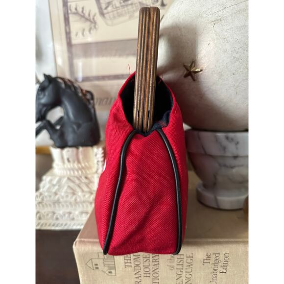Vintage wool purse Old English Sheepdog red wood handles preppy embroidered - Picture 3 of 14